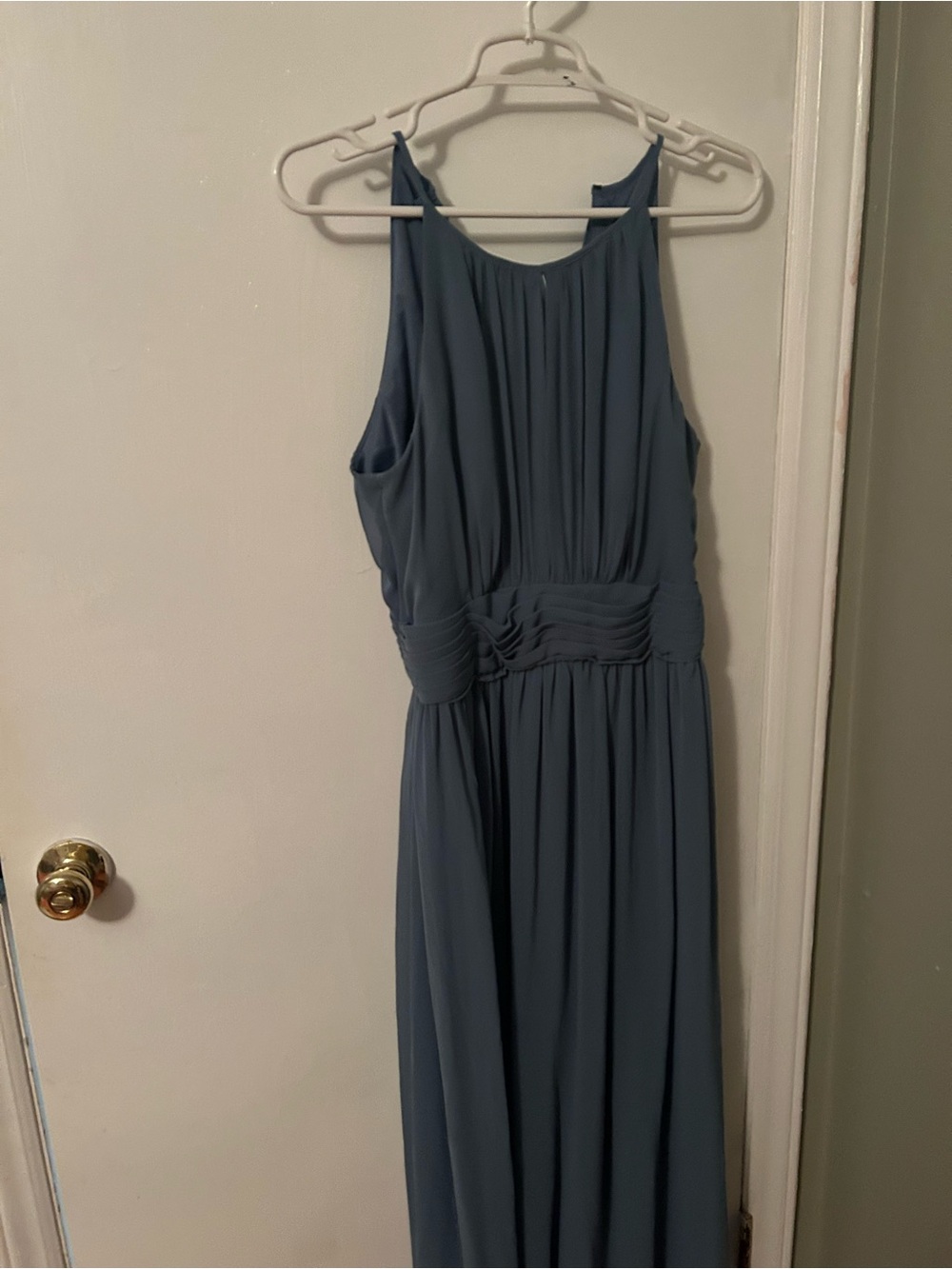David's Bridal Cornflower Blue Halter Pleated Maxi Dress